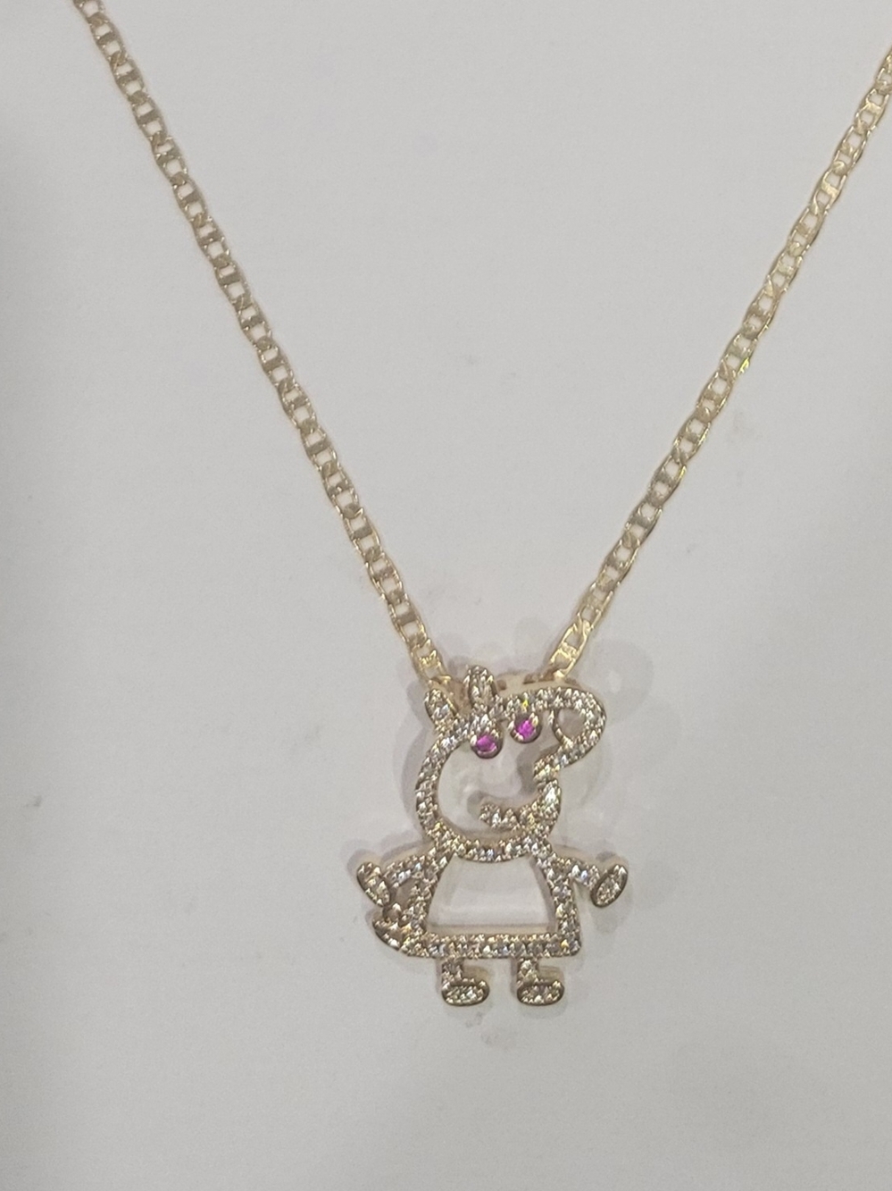 Gold-Tone Rhinestone Cartoon Girl Pendant Necklace with Pink Eye Stones